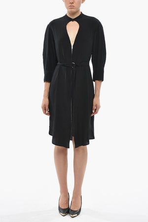 Silk Shirt Dress with Teardrop Cut-Out and Belt