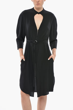 Silk Shirt Dress with Teardrop Cut-Out and Belt