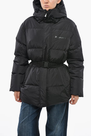 Long Quilted Nylon Puffer With Logo Belt