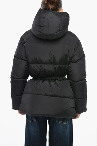 Long Quilted Nylon Puffer With Logo Belt