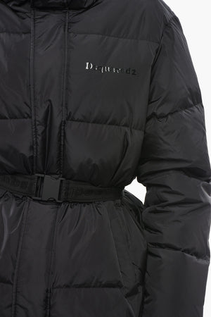 Long Quilted Nylon Puffer With Logo Belt
