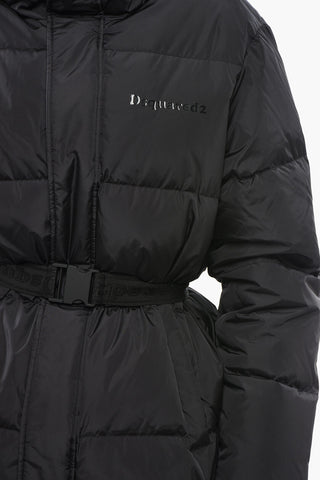 Long Quilted Nylon Puffer With Logo Belt