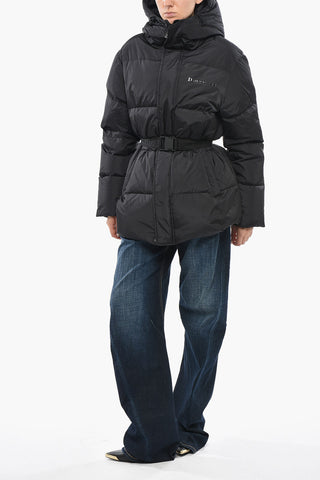 Long Quilted Nylon Puffer With Logo Belt