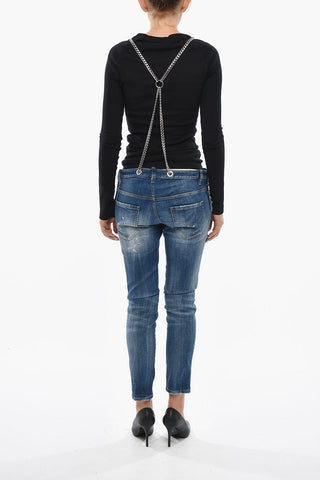Jumpsuit in Denim con Gioielli e Bretelle a Catena