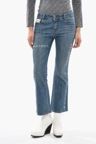 Flared Stretch Denim Jeans With Embroidery 22cm