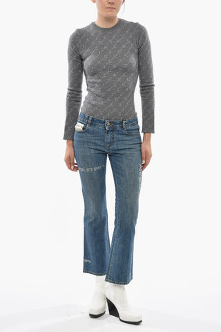 Flared Stretch Denim Jeans With Embroidery 22cm