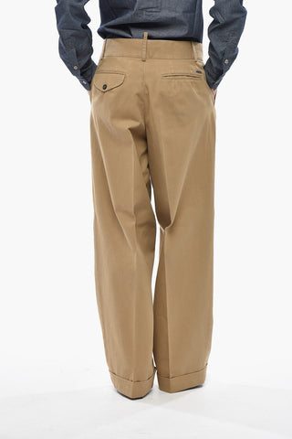 Cotton Single-Pleat Trousers with Hidden Button Fastening