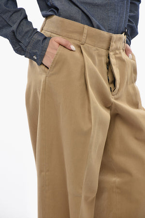 Cotton Single-Pleat Trousers with Hidden Button Fastening