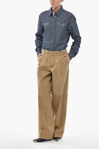 Cotton Single-Pleat Trousers with Hidden Button Fastening