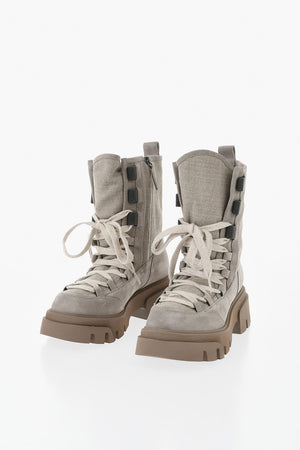 Suede and Fabric Combat Boots with Rhinestones and Track Sole