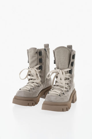 Schnürstiefeletten aus Wildleder und Textil mit Strass und Track-Sohle