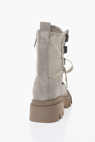 Schnürstiefeletten aus Wildleder und Textil mit Strass und Track-Sohle