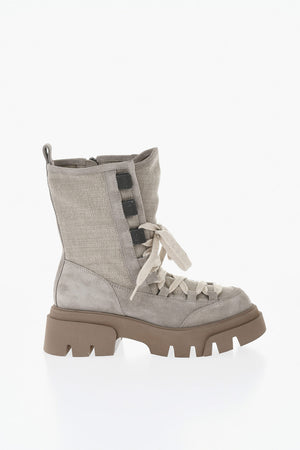 Suede and Fabric Combat Boots with Rhinestones and Track Sole