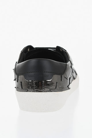 Low Metallic Leather Sneakers With Crackle Effect And Applied Stars