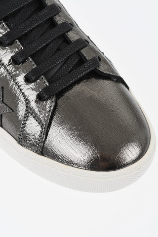 Low Metallic Leather Sneakers With Crackle Effect And Applied Stars