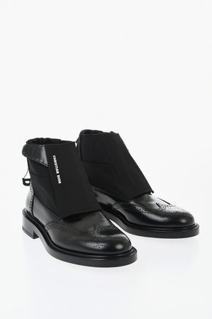Leather And Fabric Derby Brogue Ankle Boots With Velcro Closure And Adjustable Drawstring
