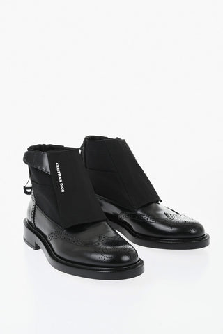 Leather And Fabric Derby Brogue Ankle Boots With Velcro Closure And Adjustable Drawstring