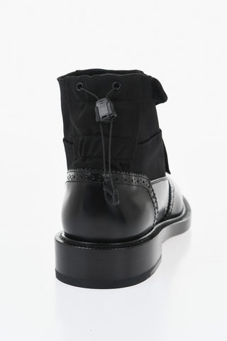 Leather And Fabric Derby Brogue Ankle Boots With Velcro Closure And Adjustable Drawstring