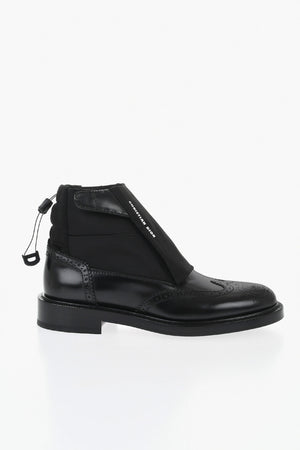 Leather And Fabric Derby Brogue Ankle Boots With Velcro Closure And Adjustable Drawstring
