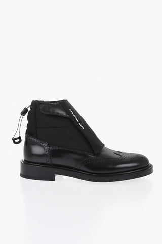Leather And Fabric Derby Brogue Ankle Boots With Velcro Closure And Adjustable Drawstring