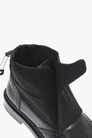 Leather And Fabric Derby Brogue Ankle Boots With Velcro Closure And Adjustable Drawstring