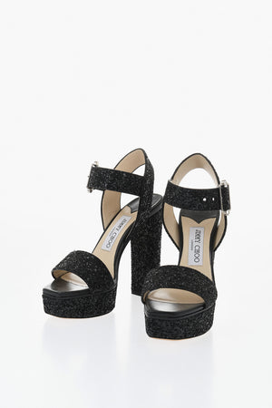 Sandali Ankle Strap in Pelle Glitter con Tacco Spesso 13cm