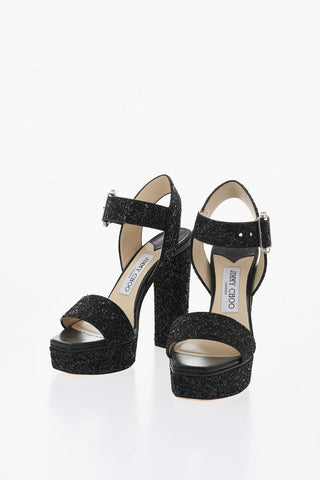 Glitter Leather Ankle-Strap Sandals with Chunky 13cm Heel
