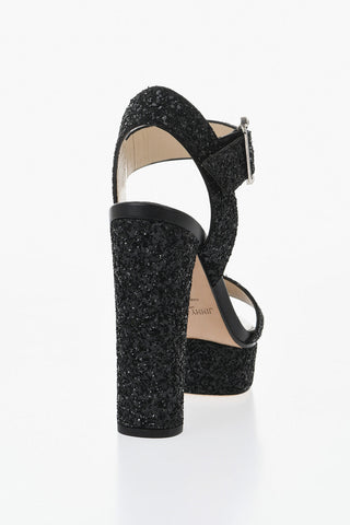 Glitter Leather Ankle-Strap Sandals with Chunky 13cm Heel