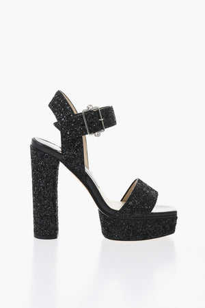 Sandali Ankle Strap in Pelle Glitter con Tacco Spesso 13cm
