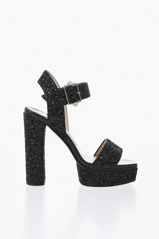 Glitter Leather Ankle-Strap Sandals with Chunky 13cm Heel