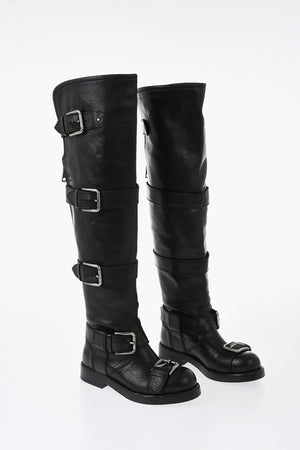 Leather Biker Boots with Silver Buckles