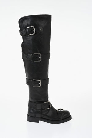Leather Biker Boots with Silver Buckles
