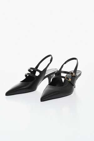 Leder-Slingback JUDY mit doppelter goldener Schnalle und 7 cm Kittenabsatz