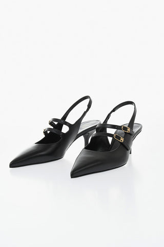 Slingback JUDY in Pelle con Doppia Fibbia Dorata e Tacco a Rocchetto 7cm