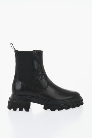 Solid-Color Leather Chelsea Ankle Boots with Lug Sole