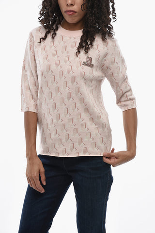 Short-Sleeve Wool Crewneck Top with Rhinestone-Embellished Detail