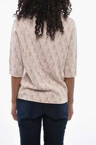 Short-Sleeve Wool Crewneck Top with Rhinestone-Embellished Detail