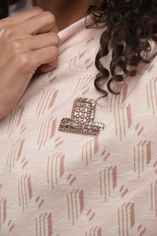 Short-Sleeve Wool Crewneck Top with Rhinestone-Embellished Detail