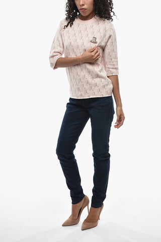 Short-Sleeve Wool Crewneck Top with Rhinestone-Embellished Detail