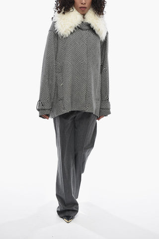 Herringbone Coat with Removable Faux-Fur Collar