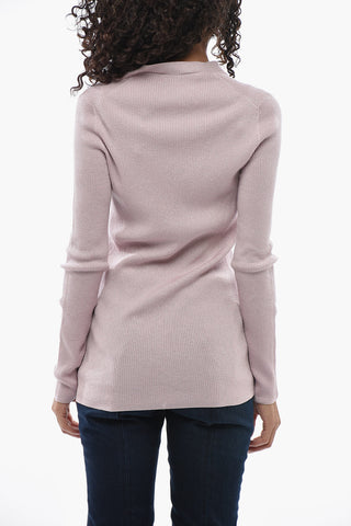 Ribbed V-Neck Cardigan with Lurex Finish