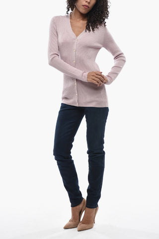 Ribbed V-Neck Cardigan with Lurex Finish