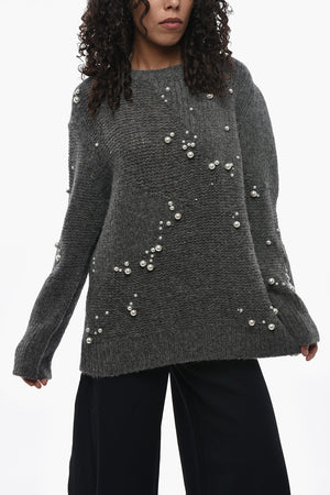 Alpaca Blend Crewneck Sweater Embellished with Pearls