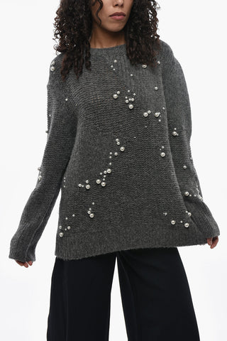 Alpaca Blend Crewneck Sweater Embellished with Pearls