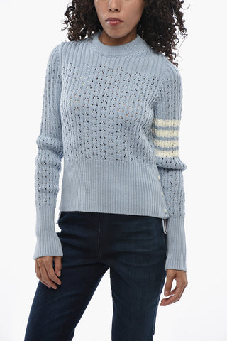 Virgin Wool Openwork Crewneck Sweater with Stripe Detail