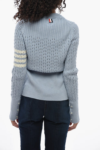 Virgin Wool Openwork Crewneck Sweater with Stripe Detail