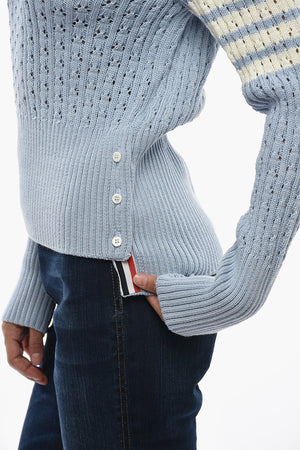 Virgin Wool Openwork Crewneck Sweater with Stripe Detail