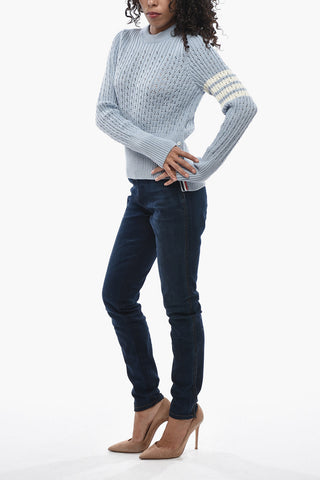 Virgin Wool Openwork Crewneck Sweater with Stripe Detail