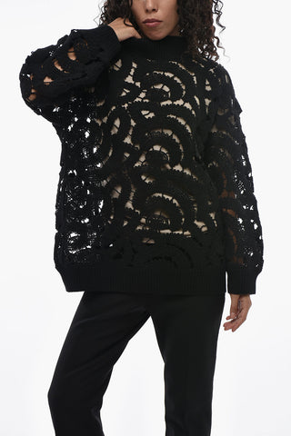 Openwork Wool-Blend Sweater with Ribbed Edges