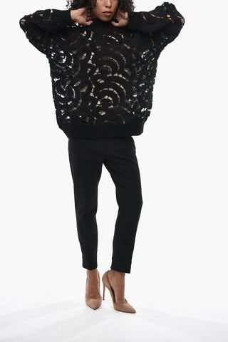 Openwork Wool-Blend Sweater with Ribbed Edges